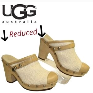 UGG Jolene Womens 7 38 Textile/Leather High Heel Clogs Shoes Swedish Hasbeens